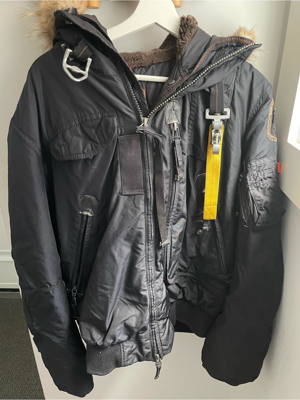 Parajumpers Men's Black Puffer Jacket with Yellow Strap Accent